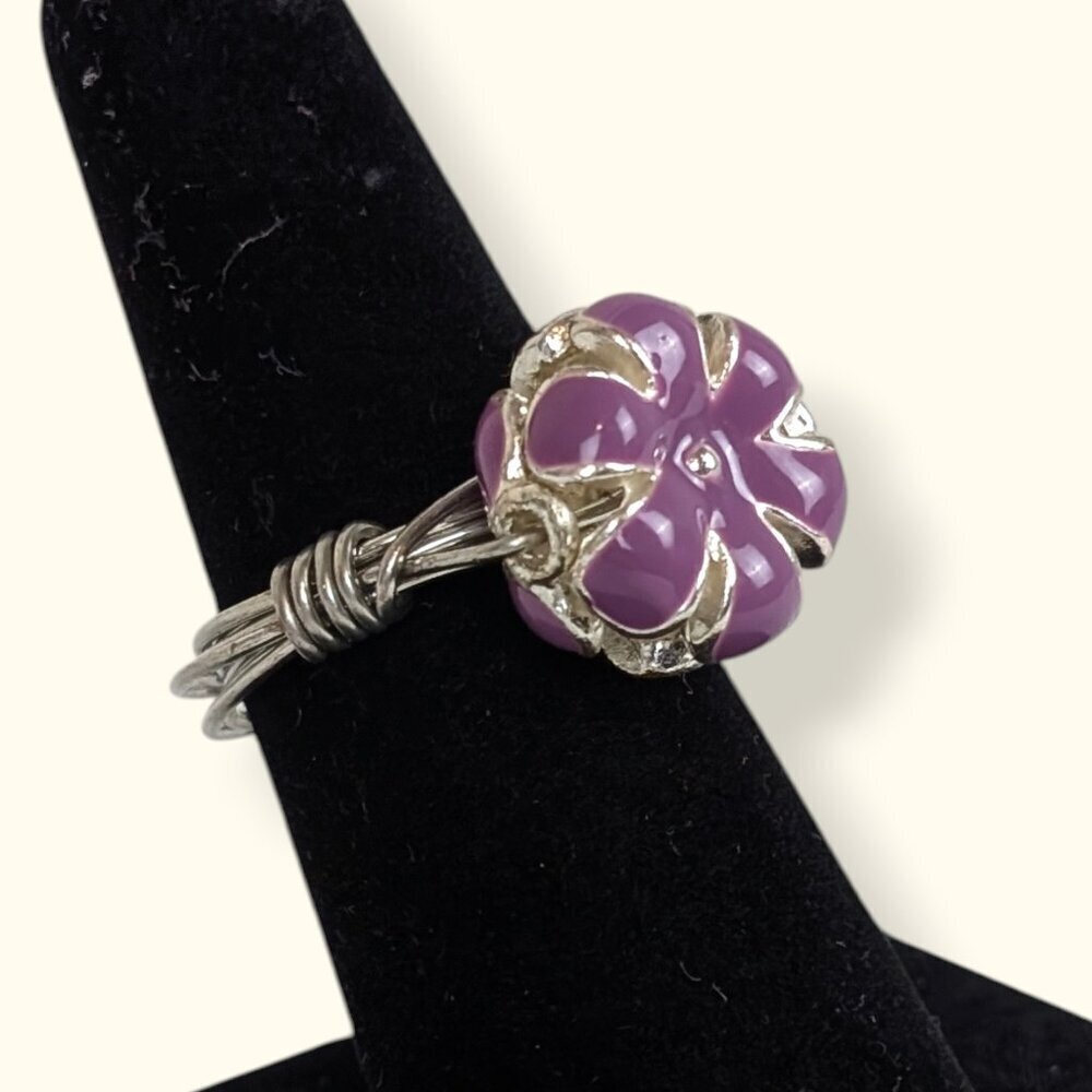 (2/$20) Puffy Purple Flower Wire Wrapped Ring
